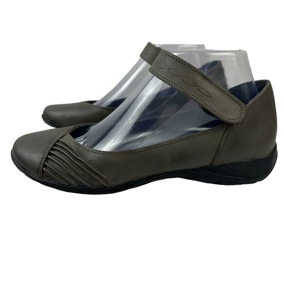 Anesha Shoes - Anesha Taupe/Grey Leather Flat Ankle Strap Women Size 7.5/38